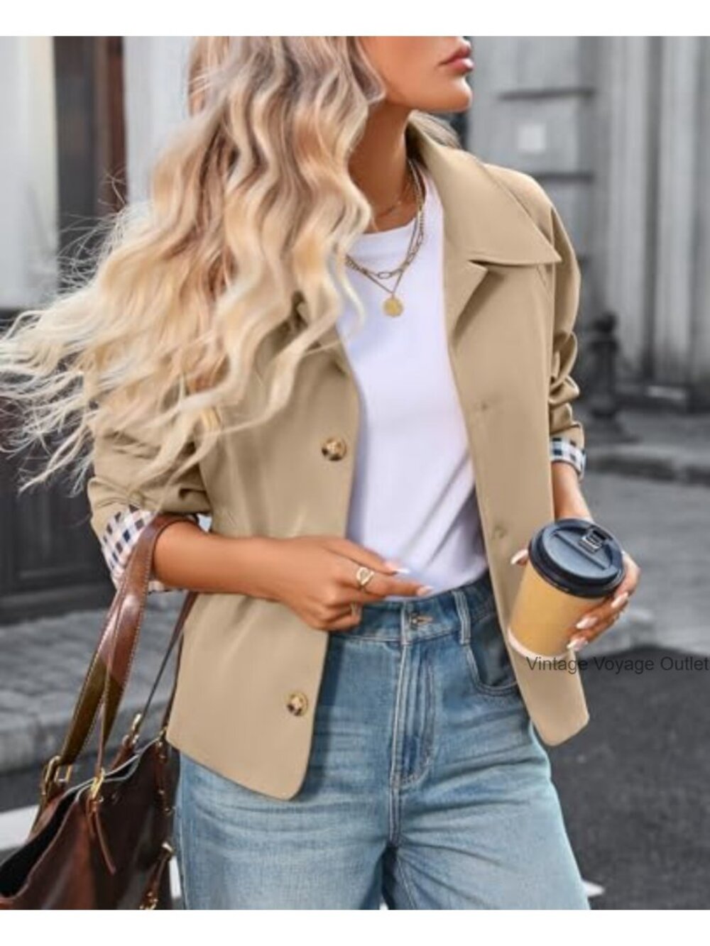 Cropped Trench Coat Lightweight Spring Jacket Single Breasted Oversize - Picture 3 of 6